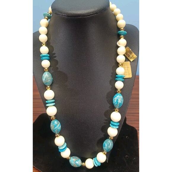 Vintage Genuine Fossil Necklace Blue Turquoise & White Golden Beads 22 - 24 In - Picture 1 of 8